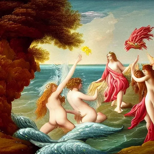 Image similar to The digital art depicts the goddess Venus, who is born from the sea, being blown towards the shore by the wind god Zephyr. On the shore, the goddess of love, beauty, and fertility, is greeted by the nymphs who attend to her. The digital art is a masterful example of use of color, light, and perspective. The figures are depicted in graceful poses, and the overall effect is one of serenity and beauty. by Bastien Lecouffe-Deharme earthy, monumental