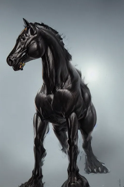 Image similar to an enormously muscular black - coated anthro horse at a research facility wearing skintight body armor, highly detailed, digital painting, artstation, concept art, illustration, art by artgerm, greg rutkowski, wlop