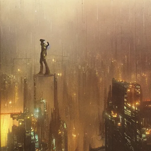 Prompt: movie shot from blade runner, cyberpunk, journey across the urban district | neverland and the gateway between dreams by beksinski, ultra hd rendered