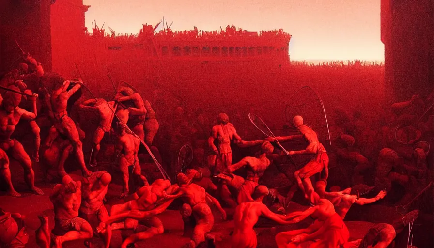 Image similar to only with red, gladiator battle in a crowded roman amphitheatre, crowd cheering, in the style of beksinski and edward hopper and rodcenko and yue minjun and cory loftis, intricate and epic composition, red by caravaggio, highly detailed, masterpiece, red light, artstation, art nouveau