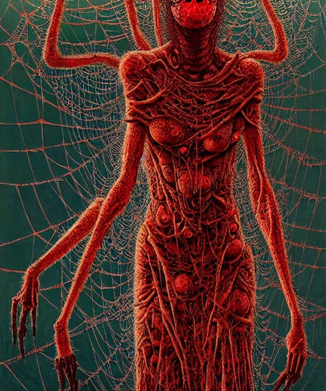 Image similar to a woman standing all covered in spiders, incredible number of spiders. extremely high details, many spider eyes, realistic, horror, creepy, web, masterpiece, art by hermann nitsch, zdzislaw beksinski, dariusz zawadzki, giger, dragan bibin, ed binkley