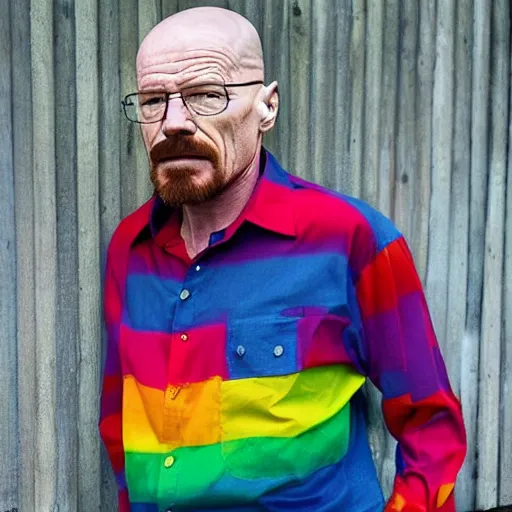 Image similar to walter white wears a very colorful rainbow shirt