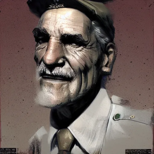 Prompt: A oldman wearing a comunist uniform looking to the camera, artwork by Craig Mullins, portrait, black background, candle lights, trending on artstation, dramatic cinematic light