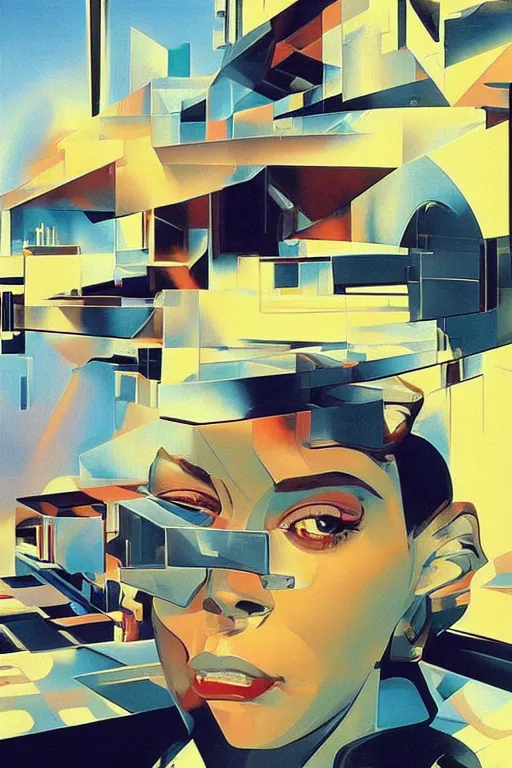 Image similar to wideangle action, portrait, musiacian in the flow zone, decoherence, synthwave, glitch!!, fracture, vortex, realistic, hyperdetailed, concept art, golden hour, art by syd mead, cubism