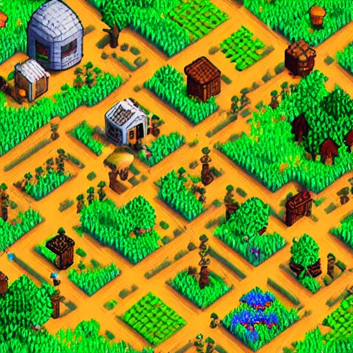 Image similar to an isometric render of a village, farm game, medieval, forest, stardew valley