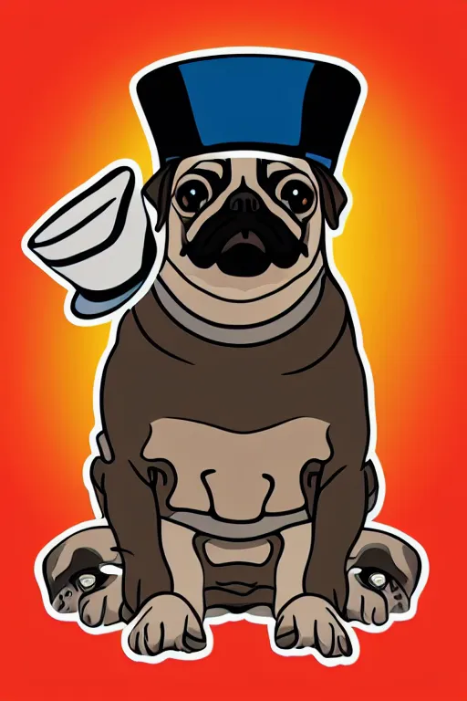 Image similar to A portrait of a pug with a top hat, sticker, colorful, illustration, highly detailed, smooth and clean vector curves, no jagged lines, vector art, smooth