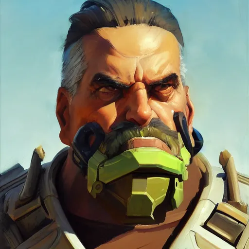 Image similar to greg manchess close - up portrait painting of a handsome older male dieselpunk orc with olive green skin as an overwatch character, medium shot, asymmetrical, profile picture, organic painting, sunny day, matte painting, bold shapes, hard edges, street art, trending on artstation, by huang guangjian and gil elvgren and sachin teng