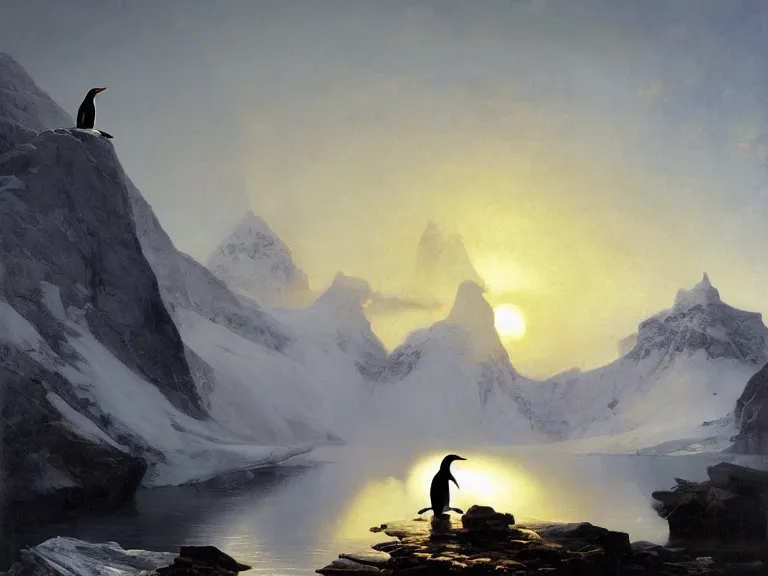 Image similar to an oil painting of a penguin and a misty glacier at dawn. by tuomas korpi moebius and carl spitzweg. baroque elements. intricate artwork by caravaggio. oil painting. oil on canvas. award winning. dramatic. trending on artstation. 8 k