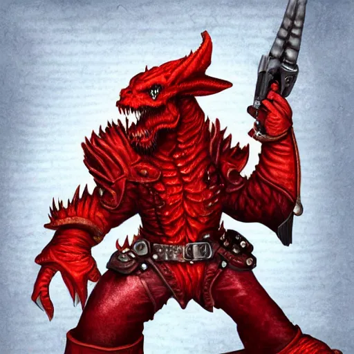 Prompt: A red dragonborn wearing a leather jacket and pointing an old pistol at the viewer. Face close-up. D&D. Portrait.