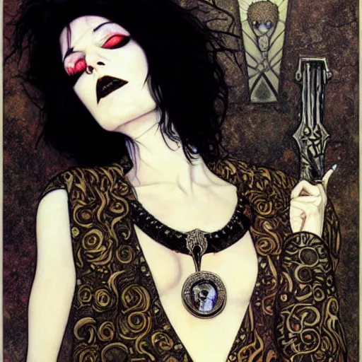 Image similar to death, a beautiful pale goth girl wearing a black vest and black punk hair, an ankh medallion hangs around her neck. portrait by joshua middleton and gustav klimt, vertigo comic