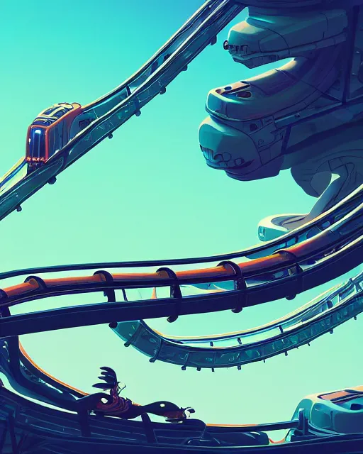 Image similar to simplicity, a roller coaster made out of simple weird organic creatures, in the style of a streamlined asymmetrical spaceship, bleak apocalyptic environment, by dan mumford, yusuke murata, makoto shinkai, ross tran, cinematic, unreal engine, cel shaded, featured on artstation, pixiv