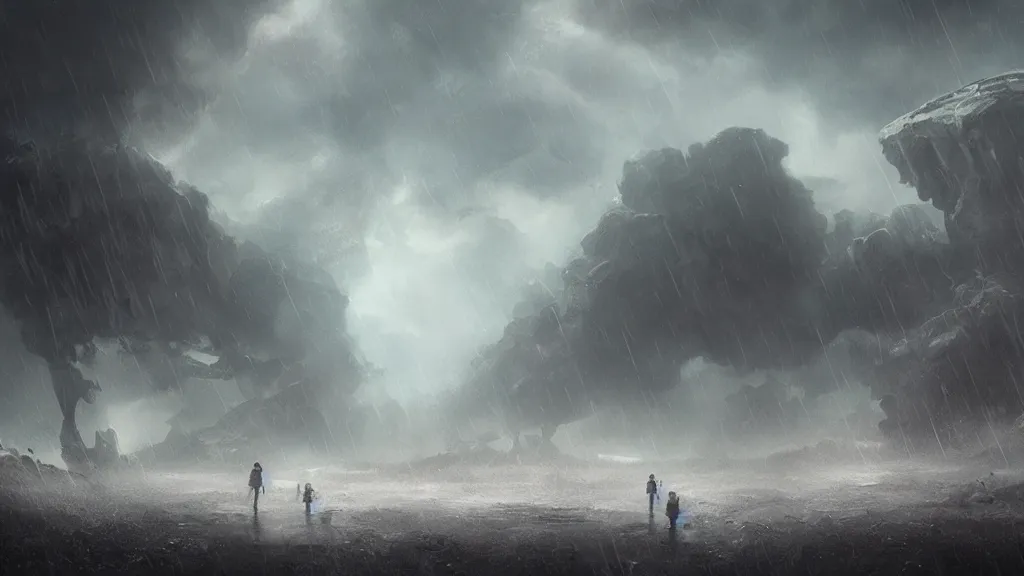 Prompt: A rainstorm on an alien planet, cinematic concept art, detailed matte painting, melancholic atmosphere