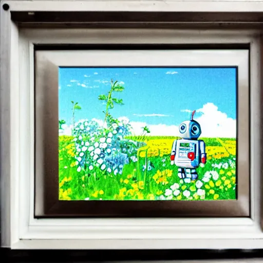 Prompt: a little robot lying in a flower field, painted by studio ghibli
