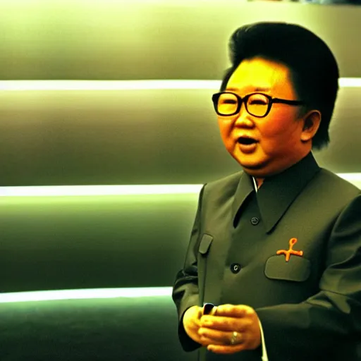 Image similar to A filmstill of Kim Jong-il looking upwards towards a movie screen projecting monster movies, Cooke Varotal 20-100mm T3 lens, ambient fog, night, ultra-wide lens, 14mm, cinemascope