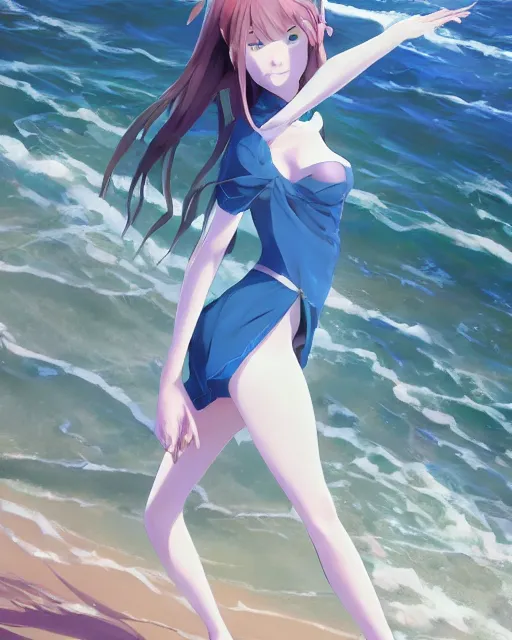 Image similar to an attractive young female elf standing on the beach on the ground front facing, looking at camera, blue water, anime. By Makoto Shinkai, Stanley Artgerm Lau, WLOP, Rossdraws, James Jean, Andrei Riabovitchev, Marc Simonetti, krenz cushart, Sakimichan, trending on ArtStation, digital art.