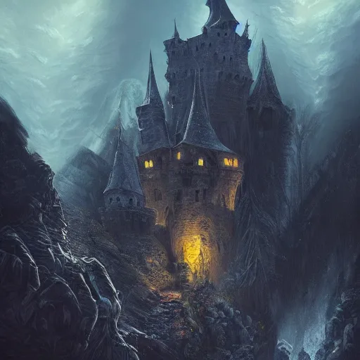 Image similar to dracula's castle, dark mountains, bats in sky, omnious feeling, winding gravel path, carpathian mountains, illustration, epic, fantasy, intricate, hyper detailed, artstation, concept art, smooth, oil painting, jessica rossier