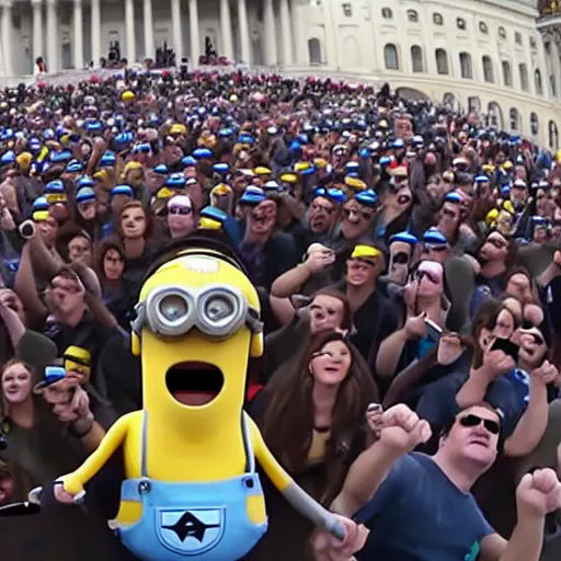 Image similar to GoPro selfie footage of an army of patriotic Minions storming the Capitol, style of Pixar