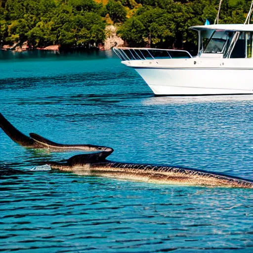 Image similar to photo of a plesiosaur swimming next to boat in crystal clear tropical water