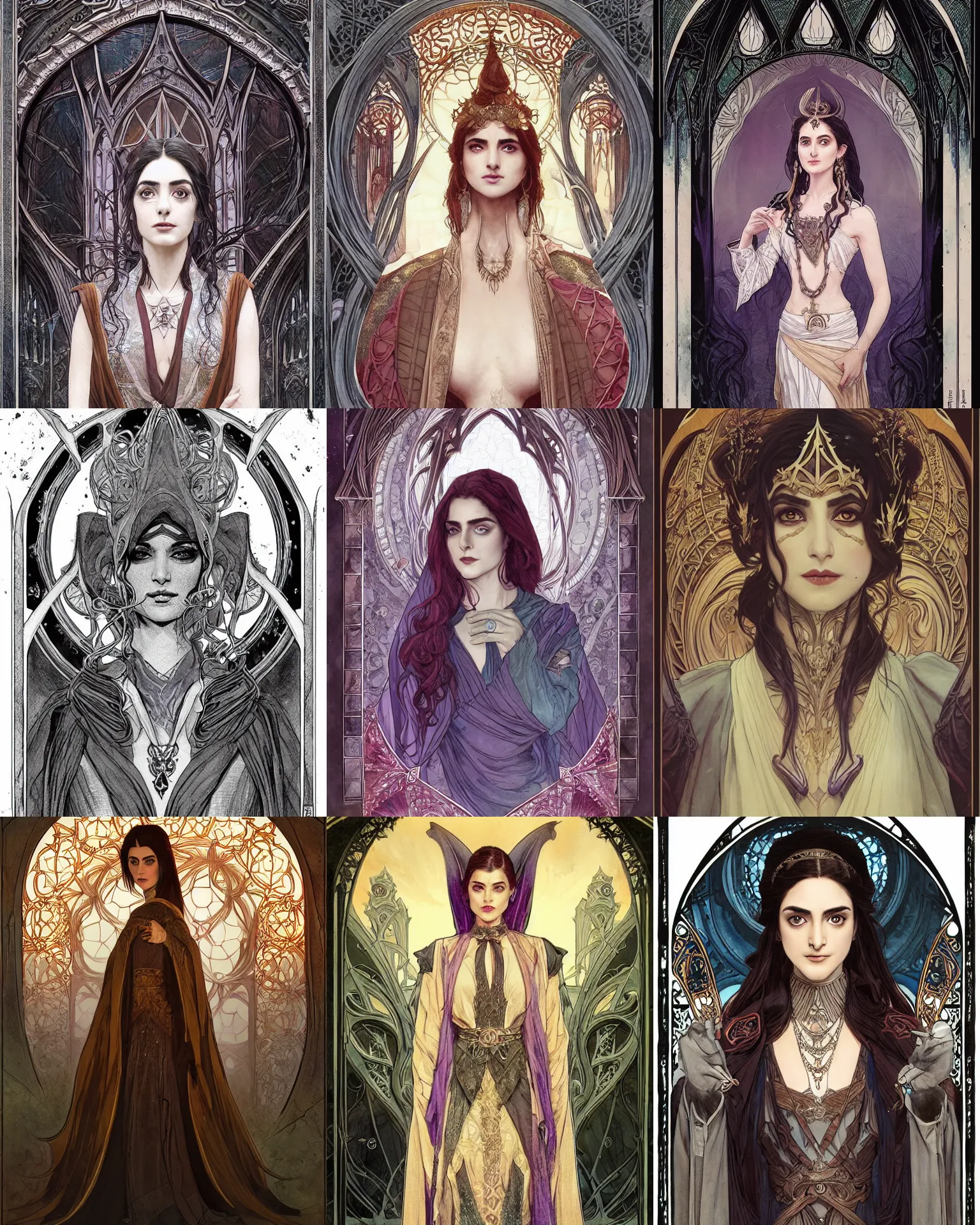 Prompt: masterpiece symmetrical centered bust-view portrait, Maya Ali as D&D sorcerer, one head portrait, Neo-Gothic, Art Nouveau watercolour illustration style, wizard robe, fantasy, delicate, elegant, in the style of Greg Rutkowski and Moebius and Mohrbacher and ROSSDRAWS and Ross Tran and Alphonse Mucha and Ayami Kojima and Charlie Bowater and Jean Delville, Pixar, Maya engine, tarot card style, Art Nouveau, rich bright colours