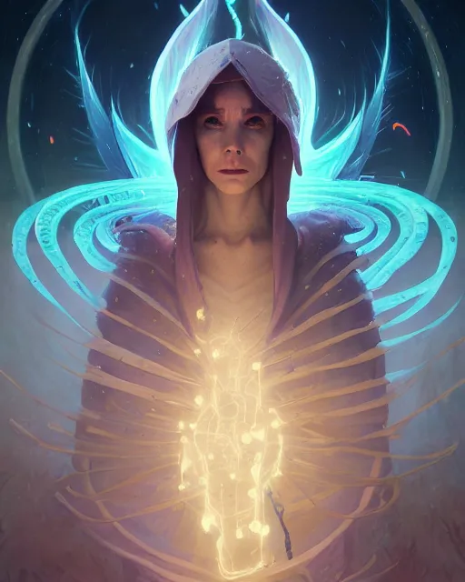 Image similar to highly detailed surreal vfx portrait of a elfpunk mage grim reaper, stephen bliss, unreal engine, greg rutkowski, loish, rhads, beeple, makoto shinkai and lois van baarle, ilya kuvshinov, rossdraws, tom bagshaw, alphonse mucha, global illumination, detailed and intricate environment