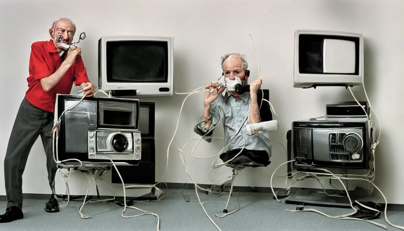 Image similar to In an call centre office, A skinny old Man with a old television strapped to his back ,flexible industrial pipes join his ears and mouth to the television, fibres trial on the floor , full colour ,4k ,Kodak portra 400