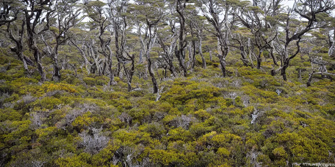 Prompt: Rocky clearing in the Patagonian temperate forests. Magellanic, mountainous area. Rare flora, Nothofagus, twisted and bent trees. windy environment, shrubs, rocky and poorly drained. Succulent species, crowberries carpeting the ground. Overcast, cloudy. September 12th. Patagonian Chile and Argentina. Trending on Artstation, deviantart, worth1000. By Greg Rutkowski. National Geographic and iNaturalist HD photographs