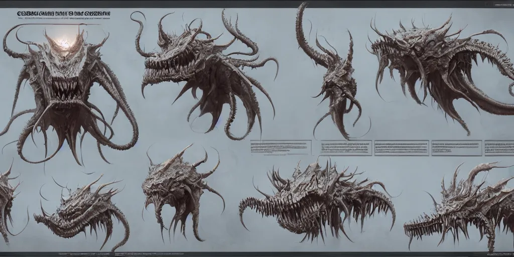 Image similar to lovecraftian creature design, character sheet, 3d render, Greg Rutkowski, Zabrocki, Karlkka, Jayison Devadas, Phuoc Quan, trending on Artstation, 8K, ultra wide angle, zenith view, pincushion lens effect