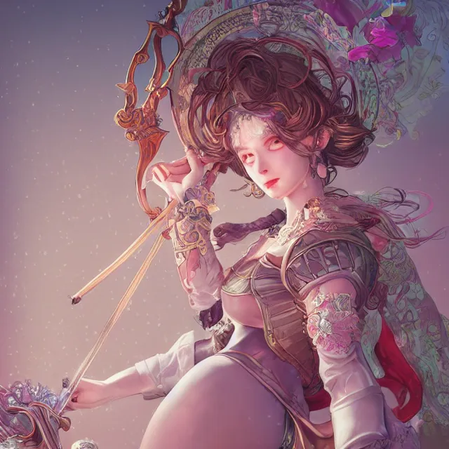Prompt: studio portrait of neutral good colorful female cleric bard healer as absurdly beautiful, elegant, young skinny gravure idol, ultrafine illustration by kim jung gi, irakli nadar, intricate linework, sharp focus, bright colors, octopath traveler, final fantasy, unreal engine highly rendered, global illumination, radiant light, intricate environment