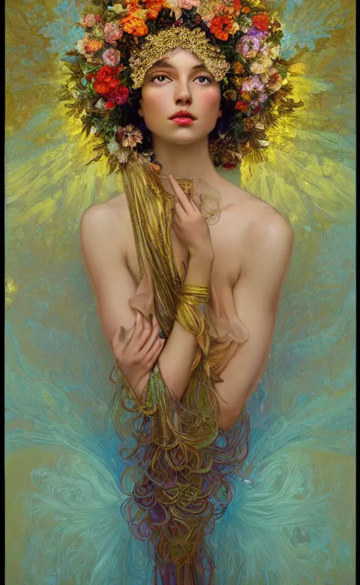Prompt: a gold oil painting hyperrealism of a beautiful woman on a white background, flowers, painted by mucha, floral headdress, 8 k resolution, octane render, trending on artstation, volumetric light 2 blue fractal thunder glow by dan mumford, anaglyph effect, laurie lipton