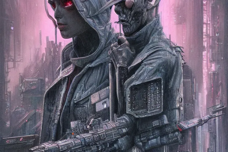 Image similar to highly detailed concept art of blade runner characters, dystopian post - apocalyptic retrofuturistic neon vibe, an ultrafine detailed painting by hans giger and wayne barlowe, trending on deviantart, pop surrealism, whimsical, lowbrow, perfect symmetrical face, sharp focus, octane, masterpiece