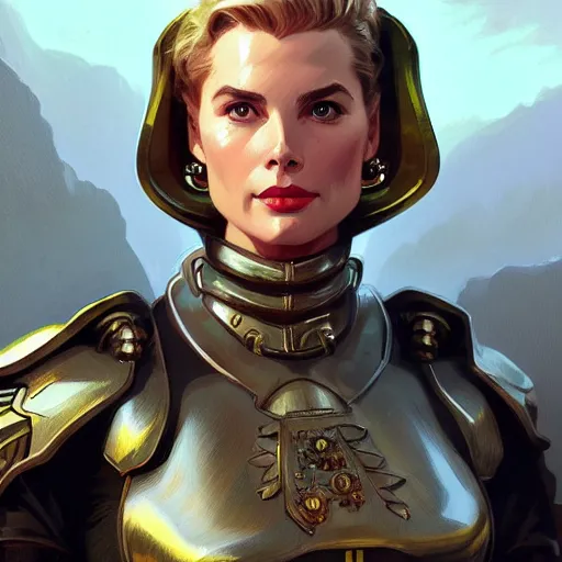 Image similar to Grace Kelly in a Power Armor, western, D&D, fantasy, intricate, elegant, highly detailed, digital painting, artstation, concept art, matte, sharp focus, illustration, art by Artgerm and Greg Rutkowski and Alphonse Mucha