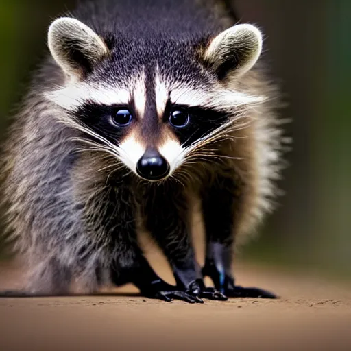 Prompt: a cute baby raccoon together with a white sneaker shoe with its laces undone, highly detailed, award winning, national geographic wildlife photo, bokeh, 5 0 mm f 1. 4, soft lighting