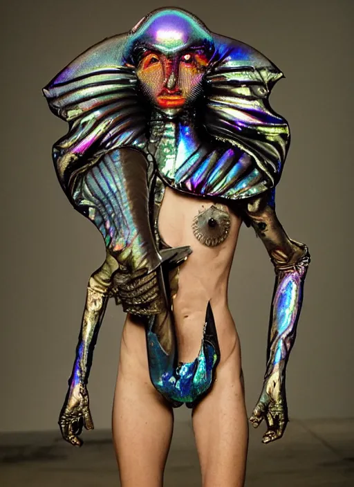 Image similar to an alien woman with iridescent shark skin, pirate weapons, by van herpen, iris