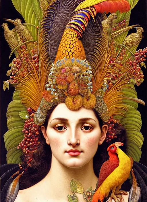 Image similar to hyperrealistic detailed face portrait of the beautiful goddess of the golden pheasants with an intricate headgear of golden pheasant, red berries, leaves, field flowers, pears, apples, art by ernst haeckel, john william godward, android jones, alphonso mucha, h. r. giger, gothic - cyberpunk, ornamental, beautiful deep colours,