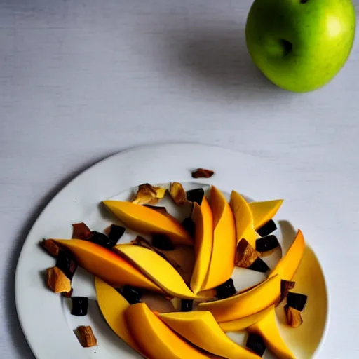 Image similar to beautiful photo of food art of sailing ship made from mango, bananas and apple pieces on a white plate, dslr