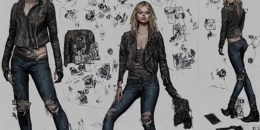 Prompt: samara weaving with her neck fully tattooed, wearing scratched and ripped leather jeans, wearing an aviator outfit with a smiley stamp on its back, character sheet, fine details, props, concept design, contrast, kim jung gi, greg rutkowski, trending on artstation, 8 k, full body, turnaround, front, back, ultra wide angle