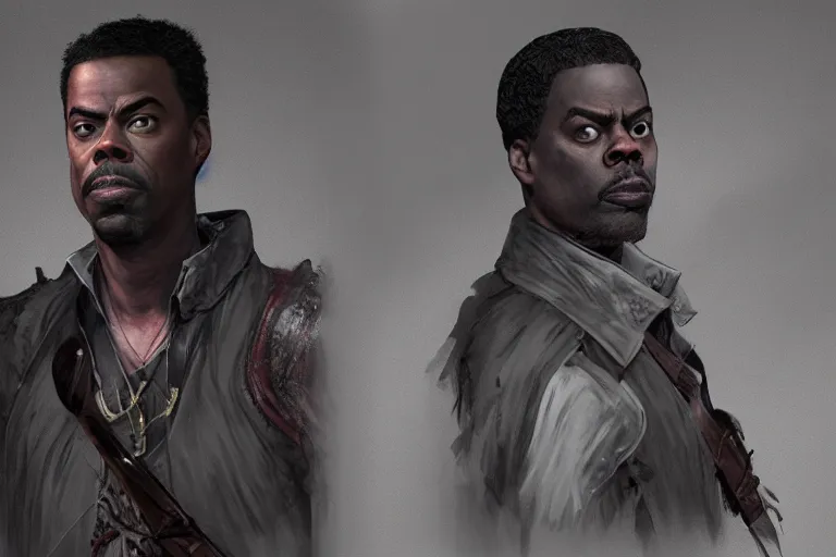 Prompt: an ultra detailed matte portrait of chris rock as the hunter from bloodborne, concept art by art by john collier and albert aublet and krenz cushart, scary shadows, blood moon eclipse, octane render, liminal space