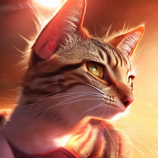 Image similar to tabby cat going super saiyan, like goku, golden hour, fantasy, sharp focus, digital art, hyper realistic, 4 k, unreal engine, highly detailed, hd, dramatic lighting by brom, trending on artstation