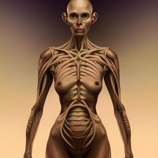 Prompt: wide angle full body portrait of an alien female, a perfect face and perfect body, thin waist, plastinated cross-section, internal structures, intricate, single face, highly detailed, digital painting, artstation, concept art, smooth, sharp focus, illustration, Unreal Engine 5, 8K, art by artgerm and greg rutkowski and alphonse mucha