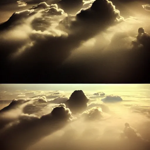 Image similar to an eternal being that lives above the clouds, realistic lighting, aerial view, creepy atmosphere