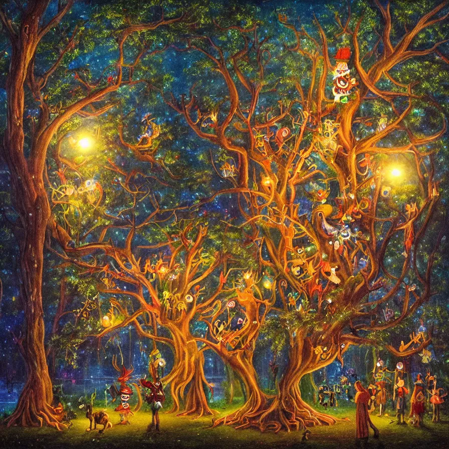 Image similar to a night carnival around a magical tree cavity, with a surreal orange moonlight and fireworks in the background, next to a lake with iridiscent water, christmas lights, folklore animals and people disguised as fantastic creatures in a magical forest by summer night, masterpiece painted by richard burchett, dark night environment