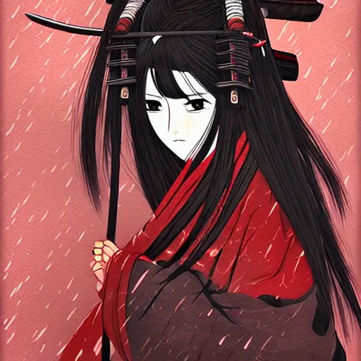 Image similar to beautiful seductive female samurai, in the rain, highly detailed, painting, dark red and black color palette, intricate, high quality, anime artstyle, in the style of sana takeda