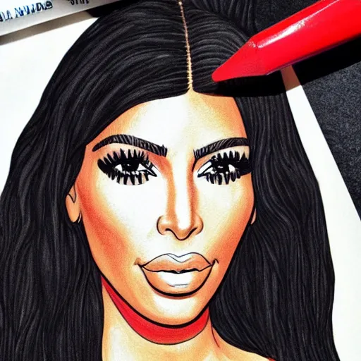 Prompt: Kim Kardashian coloring book picture, half-colored with wax crayon