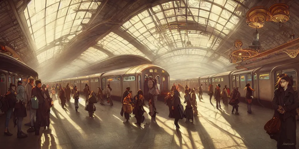 Prompt: subway station with arriving!!!! subway train, passengers waiting on the platform, steampunk, detailed intricate octane renderer, low angle, 8K sparsely lit art by artgerm and greg rutkowski and alphonse mucha