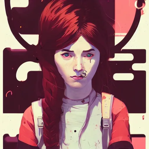 Image similar to Highly detailed portrait of a post-cyberpunk young lady with, freckles and cool hair by Atey Ghailan, by Loish, by Bryan Lee O'Malley, by Cliff Chiang, inspired by image comics, inspired by graphic novel cover art, inspired by nier, inspired by scott pilgrim !! Gradient red, black and white color scheme ((grafitti tag brick wall background)), trending on artstation