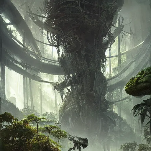 Image similar to epic alien jungle by greg rutkowski inside a giant laboratory by raymond swanland