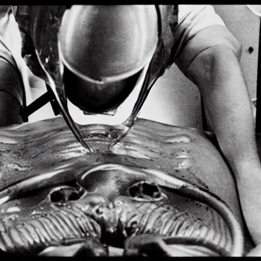 Image similar to photo of alien autopsy done by Ronald Reagan on the recovered Roswell aliens , psychedelic