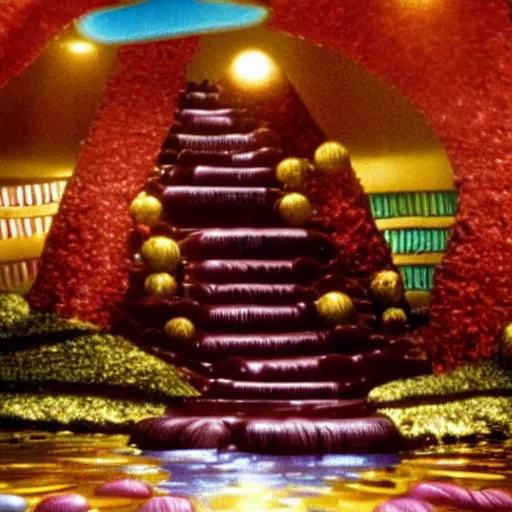 Prompt: a chocolate waterfall. Cinematic, volumetric lighting. Scene from 1971 film Willy Wonka & the Chocolate Factory