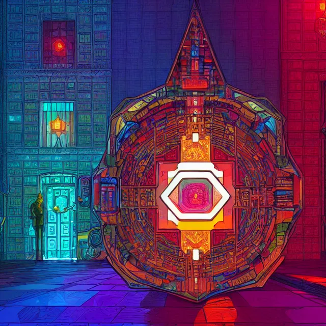 Image similar to blockchain, blocks of cubic tech connected, centered, symmetry, painted, intricate, volumetric lighting, beautiful, rich deep colors masterpiece, sharp focus, ultra detailed, in the style of dan mumford and marc simonetti