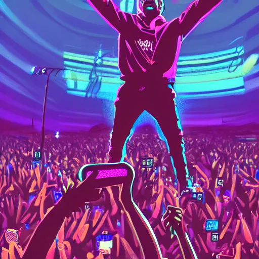 Prompt: rapper onstage leaning over huge crowd of arms reaching up to him, holding microphone, digital art, vapor wave, hip hop, trending on Artstation, professional artist, detailed, 4k